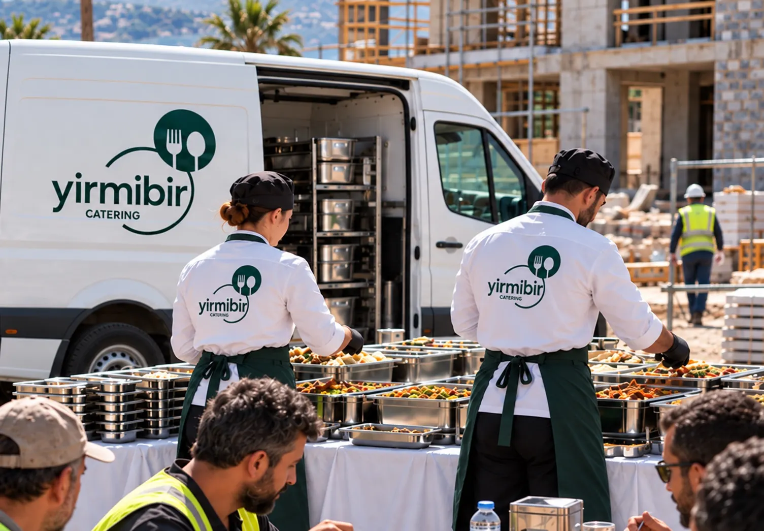 Yirmibir Catering ekibinin Bodrum teslimat aracıyla sıcak yemek sevkiyatı